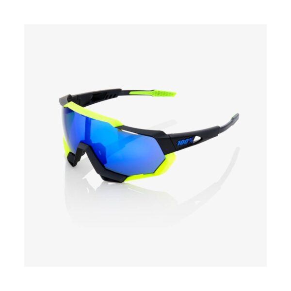 100% Speedtrap Polierte Sonnenbrille mattschwarz und neongelb mit elektrischem blauen Spiegel Fahrradbrillen