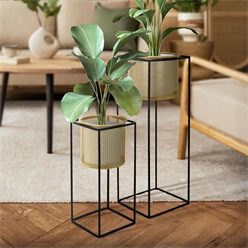 2er Set Blumenständer mit Übertopf 21x21x47/25x25x71 cm Schwarz/Gold aus Stahl ML-Design 721