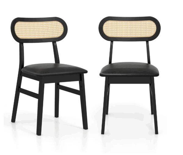 2er-Set gepolsterte Holzstühle Mid-Century Schwarz mit Kunstlederpolsterung und eleganter Rattanrückenlehne - 55x56x83 cm Wohnen & Kochen