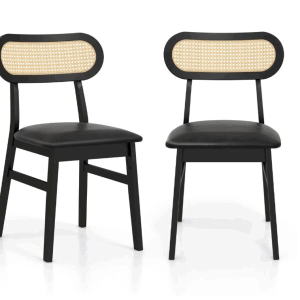 2er-Set gepolsterte Holzstühle Mid-Century Schwarz mit Kunstlederpolsterung und eleganter Rattanrückenlehne - 55x56x83 cm Wohnen & Kochen
