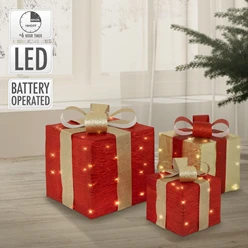 3er Set LED Deko Geschenkbox mit 90 warmweißen LEDs Rot Gold Drahtgestell batteriebetrieben mit Timer 5609