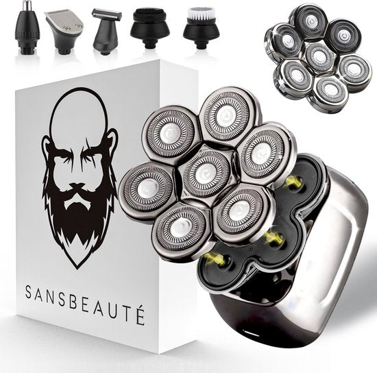 6-in-1 Herrenrasierer + Extra-Scherkopf - Trimmer - Sansbeauté® SkullSharp PRO Magnetic - Schädelrasierer - Nass & Trocken - Gesichts- und Kopfrasierer - Kopfrasur - USB-Aufladung - Aufsätze Schön & Gesund