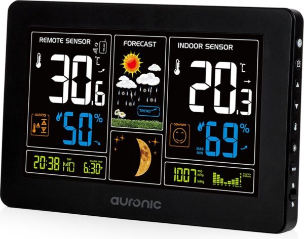 Auronic - Wetterstation - Funk mit Außensensor - Drahtlos - Innen/ Außen - 60M Reichweite - Schwarz Wohnen & Kochen