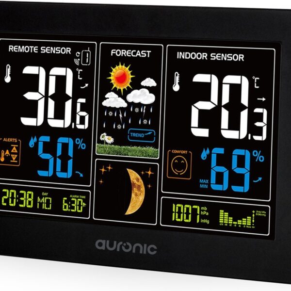 Auronic - Wetterstation - Funk mit Außensensor - Drahtlos - Innen/ Außen - 60M Reichweite - Schwarz Wohnen & Kochen