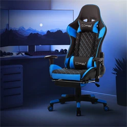 B-Ware Gamingstuhl mit ausziehbarer Fußstütze 2D Armlehne Schwarz/Blau aus Kunstleder ML-Design 2045