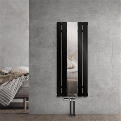 Badheizkörper Mittelanschluss mit Spiegel 450x1200 mm Schwarz inkl. Bodenanschlussgarnitur mit Thermostat LuxeBath 586