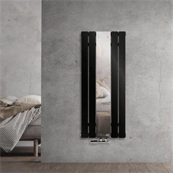 Badheizkörper Mittelanschluss mit Spiegel 450x1200 mm Schwarz inkl. Wandanschlussgarnitur mit Thermostat LuxeBath 586