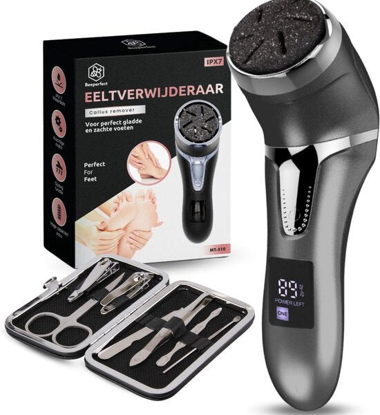 Beeperfect® Elektrischer Hornhautentferner mit Vakuumsystem - Fußfeile - Hornhautfeile - IPX7 Wasserdicht - Kostenloses Pediküre-Set - Inklusive 6 Hornhautscheiben - Schwarz Schön & Gesund