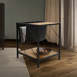 Beistelltisch 43x48 cm mit Zeitschriftenfach Eiche Optik Braun Schwarz mit Stahlgestell Wohnzimmertisch ML-Design 1549