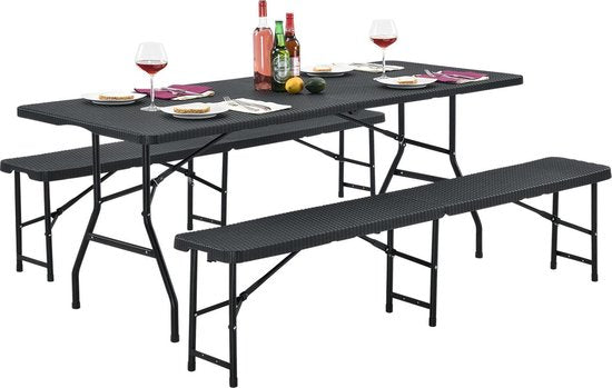 Biertisch / Bierbank / Biergarnitur - Kunststoff / Rattan - 3-teilig - Schwarz Haus & Garten