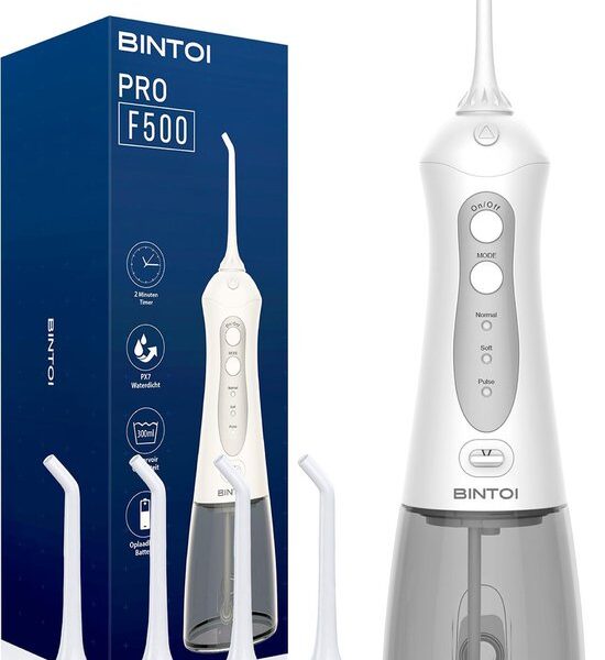 Bintoi® iSonic F500 - Wasserflosser - Professionelle Munddusche - Zahnseide für Zahnspangen - Flosser - 3 Stufen und 4 Aufsätze - IPX7 Wasserdicht - Inkl. Reisetasche Geschenk Schön & Gesund