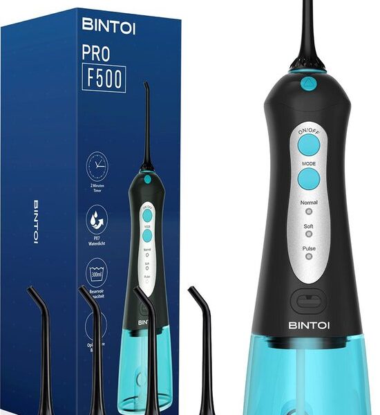 Bintoi® iSonic F500 - Wasserflosser - Professionelle Munddusche - Zahnseide für Zahnspangen - Flosser - 3 Stufen und 4 Aufsätze - IPX7 Wasserdicht - Inkl. Reisetasche Geschenk Schön & Gesund