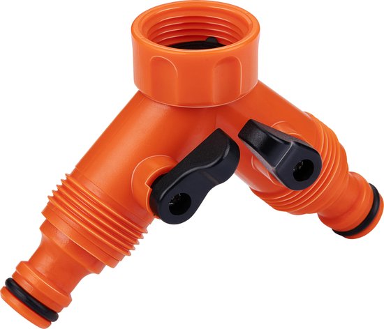 BLACK+DECKER Double Tap Fitting Gartenschlauch - Gartenschlauchkupplung - 3/4" Wasserhahnanschlüsse - Integrierter Wasserstopp - Regulierung des Wasserflusses - Kunststoff - Orange/Schwarz Haus & Garten