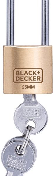 BLACK+DECKER Vorhängeschloss - 25mm - Langer Bügel - Inkl. 3 Schlüssel - Massivmessingschloss Haus & Garten