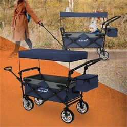 B-Ware Bollerwagen faltbar mit Dach und Tasche Blau/Grau belastbar bis 120 kg Hauki 6379