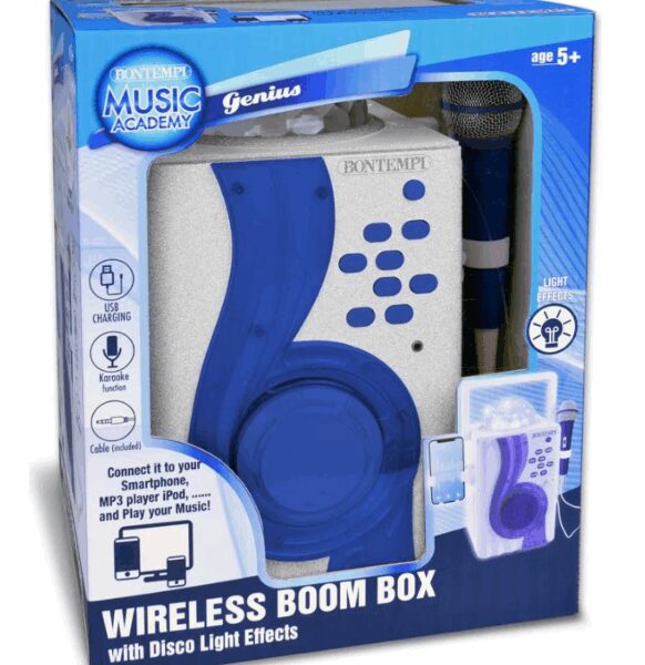 Bontempi Wireless Karaoke Boom Box mit Disco Licht - 23 x 10 x 28 cm - Weiß mit Blau Hobby & Sport