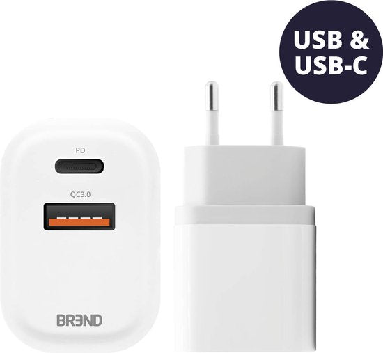 BREND BR-2212 Schnellladegerät mit 2 Anschlüssen - Power Charger - Schnellladeadapter mit USB und USB-C Anschluss - Geeignet für iPhone und Android - Weiß Elektronik