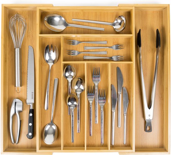 Budu - Erweiterbare Bamboo Besteckkassette - Besteckschublade - 50 x 34.1 x 56 cm - 6/8 Fächer - Holz Wohnen & Kochen