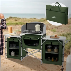 Camping Küche faltbar mit Tragetasche Khaki aus Aluminium inkl. Arbeitsplatte Hauki 1014