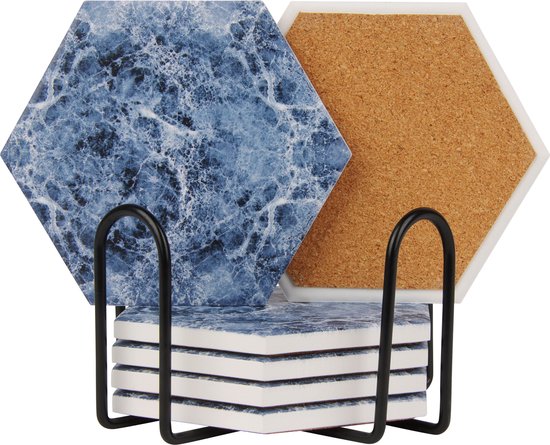 Castagnola Keramik Untersetzer mit Halter - Untersetzer für Gläser - Untersetzer Design - Untersetzer Set - Untersetzer zum Trinken - Keramik - Kork - 6er Set - Blau Wohnen & Kochen