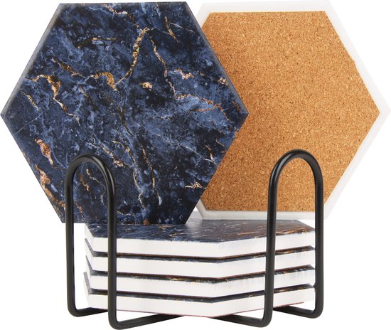 Castagnola Keramik Untersetzer mit Halter - Untersetzer für Gläser - Untersetzer Design - Untersetzer Set - Untersetzer zum Trinken - Keramik - Kork - 6er Set - Blau/Gold Wohnen & Kochen