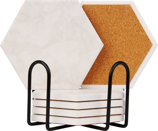 Castagnola Keramik Untersetzer mit Halter - Untersetzer für Gläser - Untersetzer Design - Untersetzer Set - Untersetzer zum Trinken - Keramik - Kork - 6er Set - Offwhite Wohnen & Kochen