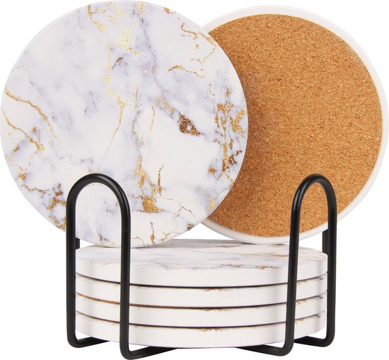 Castagnola Keramik Untersetzer mit Halter - Untersetzer für Gläser - Untersetzer Design - Untersetzer Set - Untersetzer zum Trinken - Keramik - Kork - 6er Set - Weiß/Gold Wohnen & Kochen