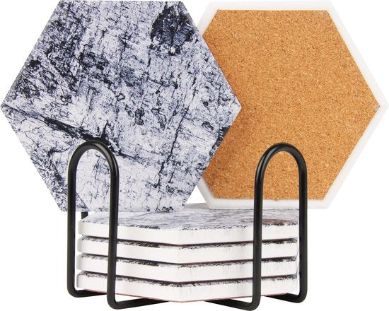 Castagnola Keramikuntersetzer mit Halter - Untersetzer für Gläser - Untersetzer Design - Untersetzer Set - Trinkuntersetzer - Keramik - Kork - 6er Set - Grau/Schwarz Wohnen & Kochen