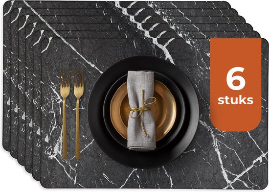 Castagnola Platzsets in Lederoptik - Rutschfeste Platzsets aus Kunstleder - Wasserabweisende Untersetzer - Untersetzer - 6 Stück - 45 x 30 cm - Schwarz/Weiß - Marmormuster Wohnen & Kochen
