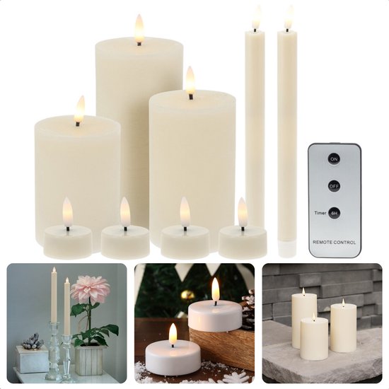 Cheqo® LED-Kerzen-Set - inkl. Fernbedienung und Zeitschaltuhr - 9-teilig - Elfenbein Wohnen & Kochen