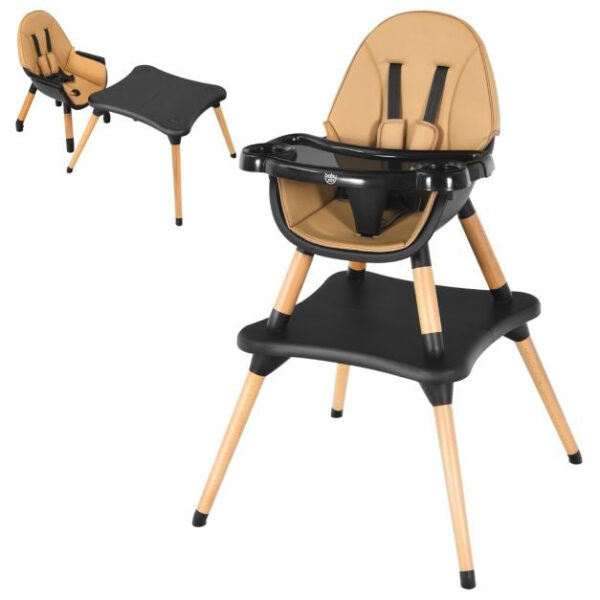 Coast 4-in-1 Baby Stuhl Baby Holz Esszimmerstühle mit 5-Punkt-Sicherheitsgurt 4-Stufen verstellbare abnehmbarem Tablett & PU-Kissen Braun Wohnen & Kochen
