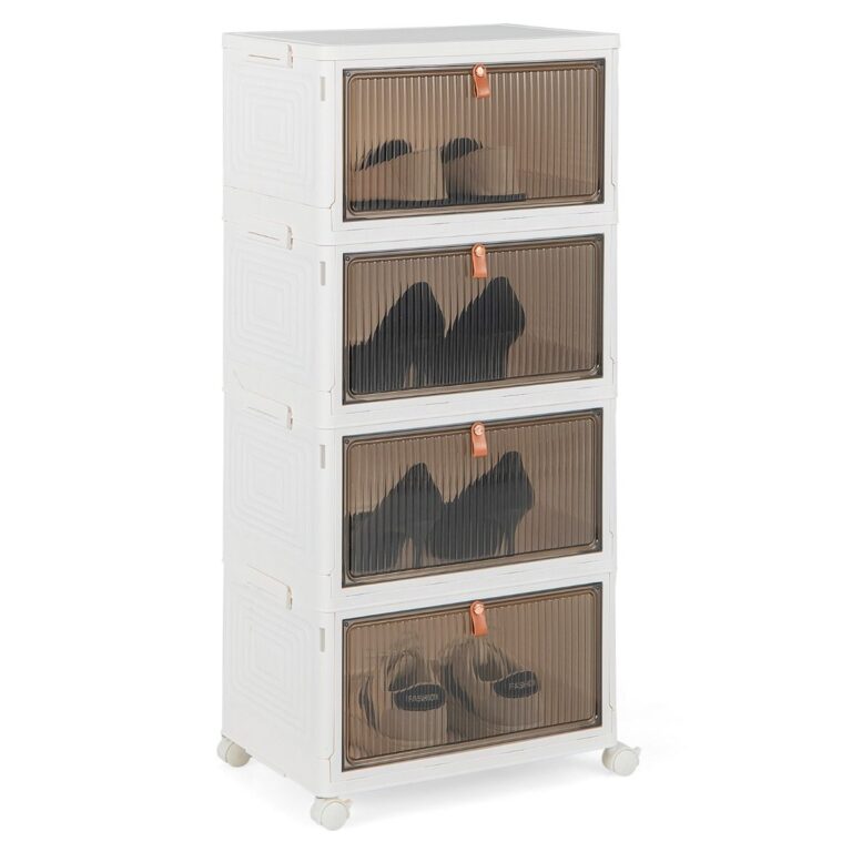 Coast 4-lagiges faltbares Schuhregal mit transparenten magnetischen Türen und Rädern - Weiß/Braun - 40 x 37