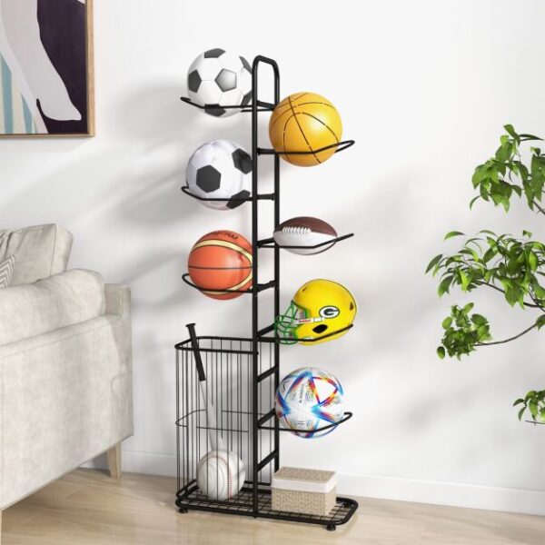 Coast Ball-Aufbewahrungsregal - 7 Schichten - mit Seitenkorb - Metall - 59 x 24 x 147 cm - Schwarz Hobby & Sport