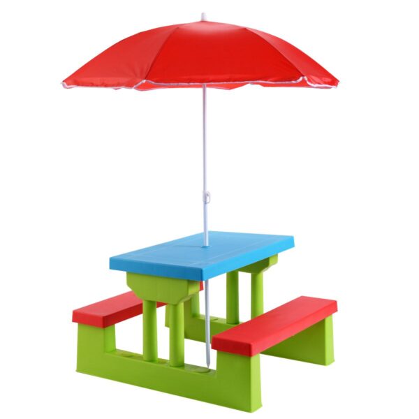 Coast Picknicktisch für Kinder - Mit Sonnenschirm - 2 Bänke - Max. 50 kg - 67 x 41 x 47 cm - Rot / Blau / Grün Haus & Garten