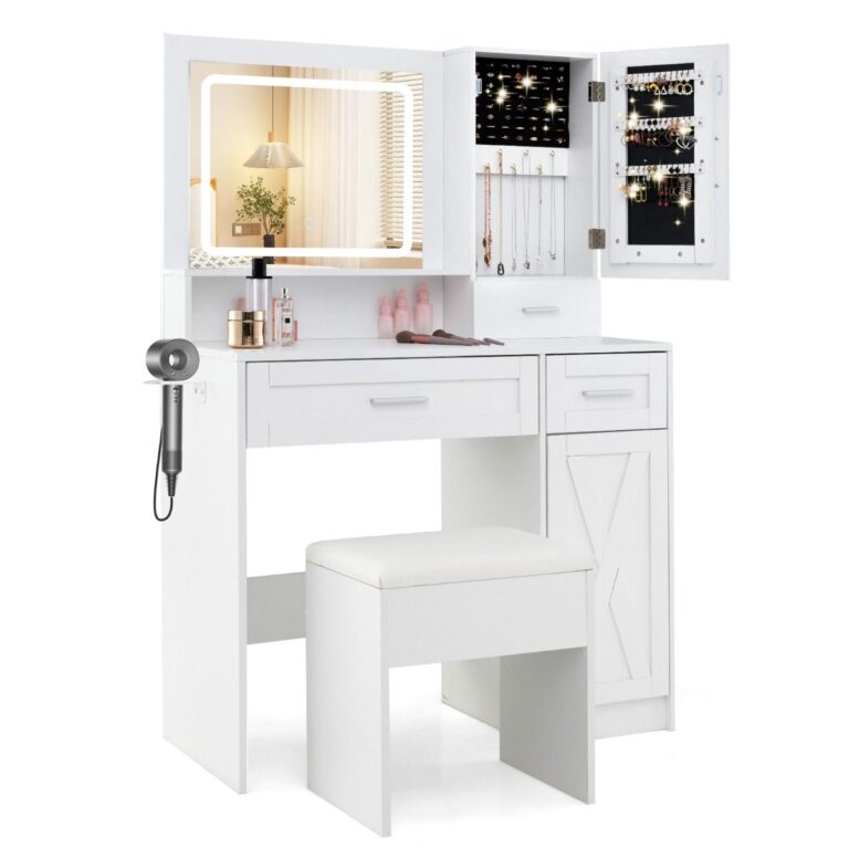 coast Schminktisch mit 3-farbigem LED-Spiegel & Ladestation - Weiß - 90 × 40 × 136