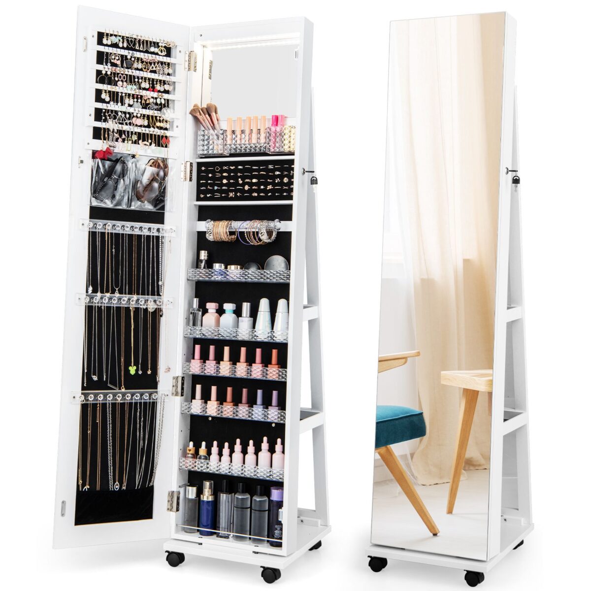 Coast Schmuckschrank mit Spiegel - Auf Rollen - Mit LED - 40 x 38 x 163 cm - Weiß Wohnen & Kochen