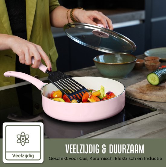 COOCK 19-teiliges Pfannenset - Spezielle Antihaftbeschichtung - Ergonomische Griffe - Recyceltes Aluminium - Bratpfannenset - Kochtopfset - Hellrosa - Inklusive Untersetzer und E-Book Wohnen & Kochen