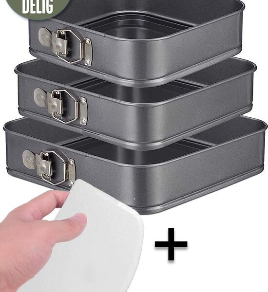 COOCK 3-tlg. Backblech-Set Quadratisch - Springform - Kuchenblech Rechteckig mit Antihaftbeschichtung - 24 bis 28 cm Durchmesser - Kuchenform Inkl. Teigschaber & E-Book Wohnen & Kochen