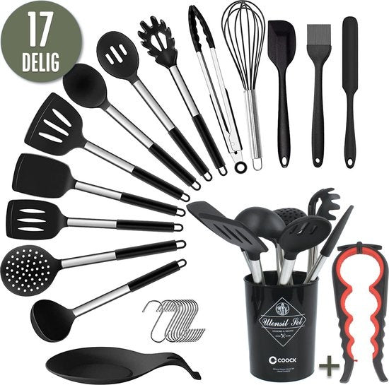 COOCK Kitchenware Set mit Halter XL - Kochgeschirr-Set 17-teilig - Silikon - BPA-frei & plastikfrei - aufhängbar - inkl. Ã–ffner Wohnen & Kochen