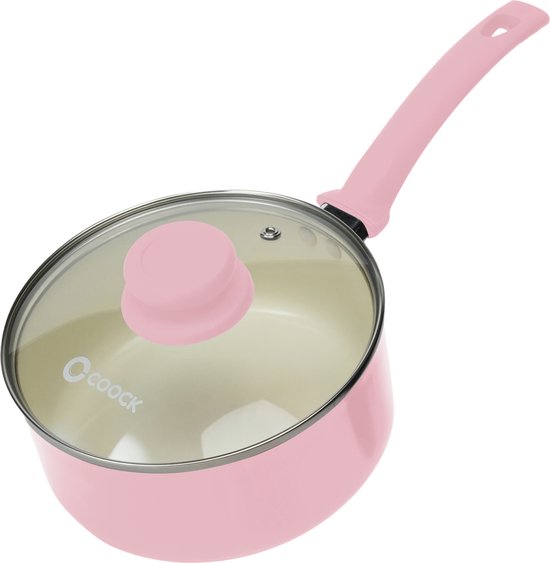 COOCK Stahlpfanne mit Deckel Induktion - 2500ml - Spezielle Antihaftbeschichtung - Soßenpfanne mit ergonomischen Kaltgriffen - Recyceltes Aluminium - Rosa/Weiß - Inklusive E-Book Wohnen & Kochen