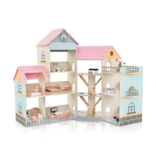 Costway - Puppenhaus - 3 Etagen & 42 Zubehörteile - 107 x 82 x 94 cm - Rosa Hobby & Sport
