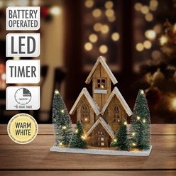 Deko Weihnachtshaus 30cm schneebedeckt mit warmweißen LED-Beleuchtung batteriebetrieben inkl. Timer aus Holz 5609