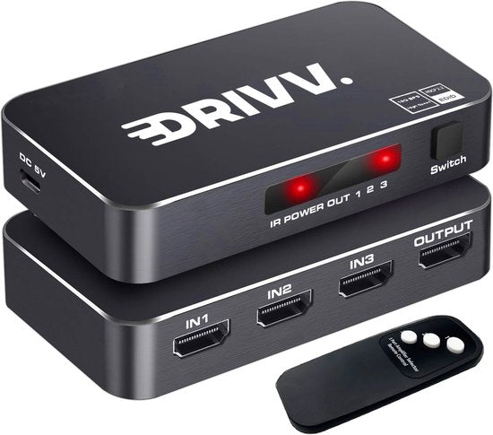 Drivv. HDMI Umschalter 4K 60Hz - 3 Eingänge 1 Ausgang - Inklusive Fernbedienung - Automatische Umschaltung - 780/1080p/4K - Schwarz Elektronik