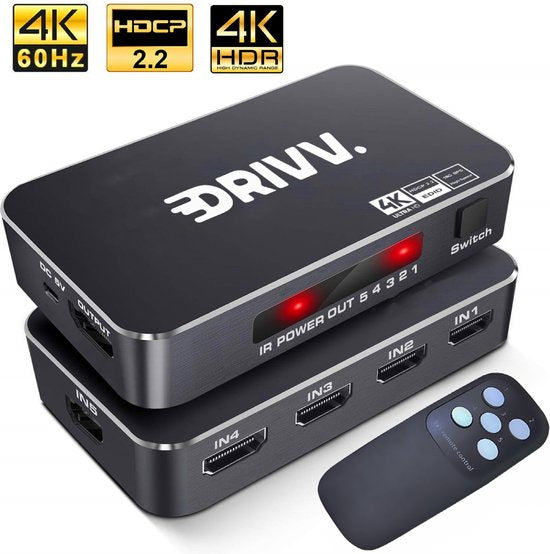 Drivv. HDMI Umschalter 4K 60Hz - 5 Eingänge 1 Ausgang - Inklusive Fernbedienung - Automatische Umschaltung - Unterstützt 720p/1080p/4K/3D - Schwarz Elektronik