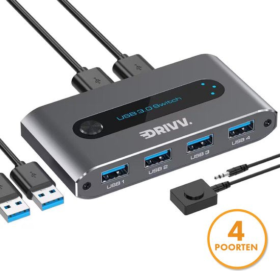 Drivv. Premium USB 3.0 Umschalter - 4 USB Ports - Grau - USB KVM Umschalter - 2 PCs gemeinsam nutzbar - Aluminium Elektronik