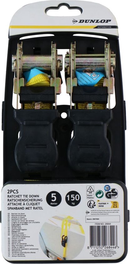 Dunlop Zurrgurt mit Ratsche - 2 Stück - 5 M - bis zu 150 KG - Gelb Auto & Fahrrad