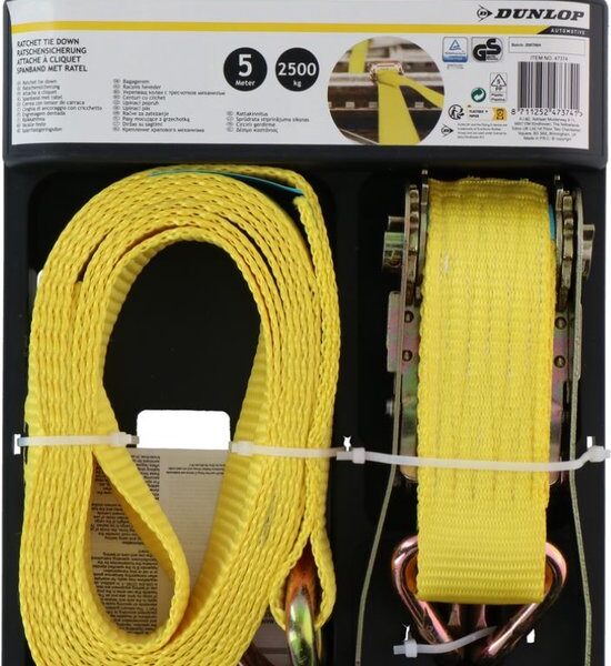 Dunlop Zurrgurt mit Ratsche - 5 M - bis zu 2500 KG - Gelb Auto & Fahrrad