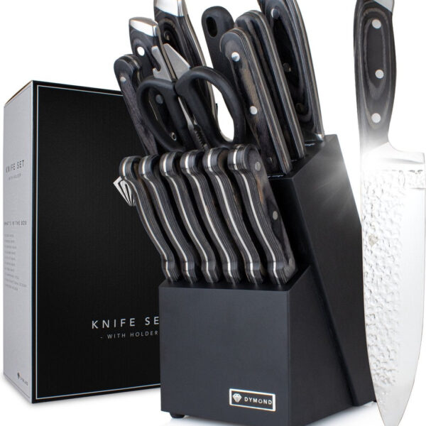 DymundÂ¬Ã† Messerset mit Block - Kochmesserset inkl. Messerblock - (15tlg.) - gehämmert - Edelstahl - Schwarz Wohnen & Kochen