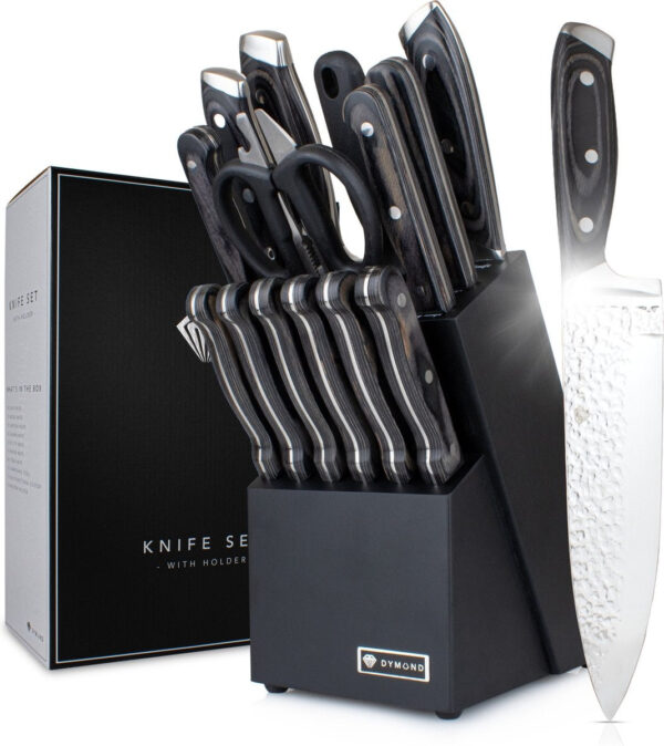 DymundÂ¬Ã† Messerset mit Block - Kochmesserset inkl. Messerblock - (15tlg.) - gehämmert - Edelstahl - Schwarz Wohnen & Kochen