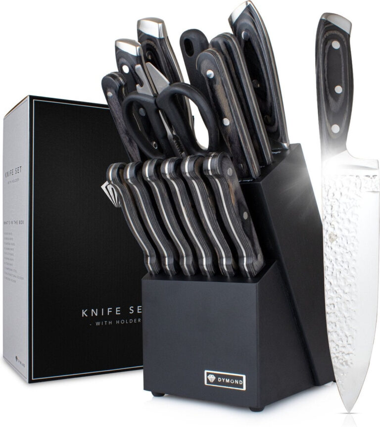 DymundÂ¬Ã† Messerset mit Block - Kochmesserset inkl. Messerblock - (15tlg.) - gehämmert - Edelstahl - Schwarz Wohnen & Kochen